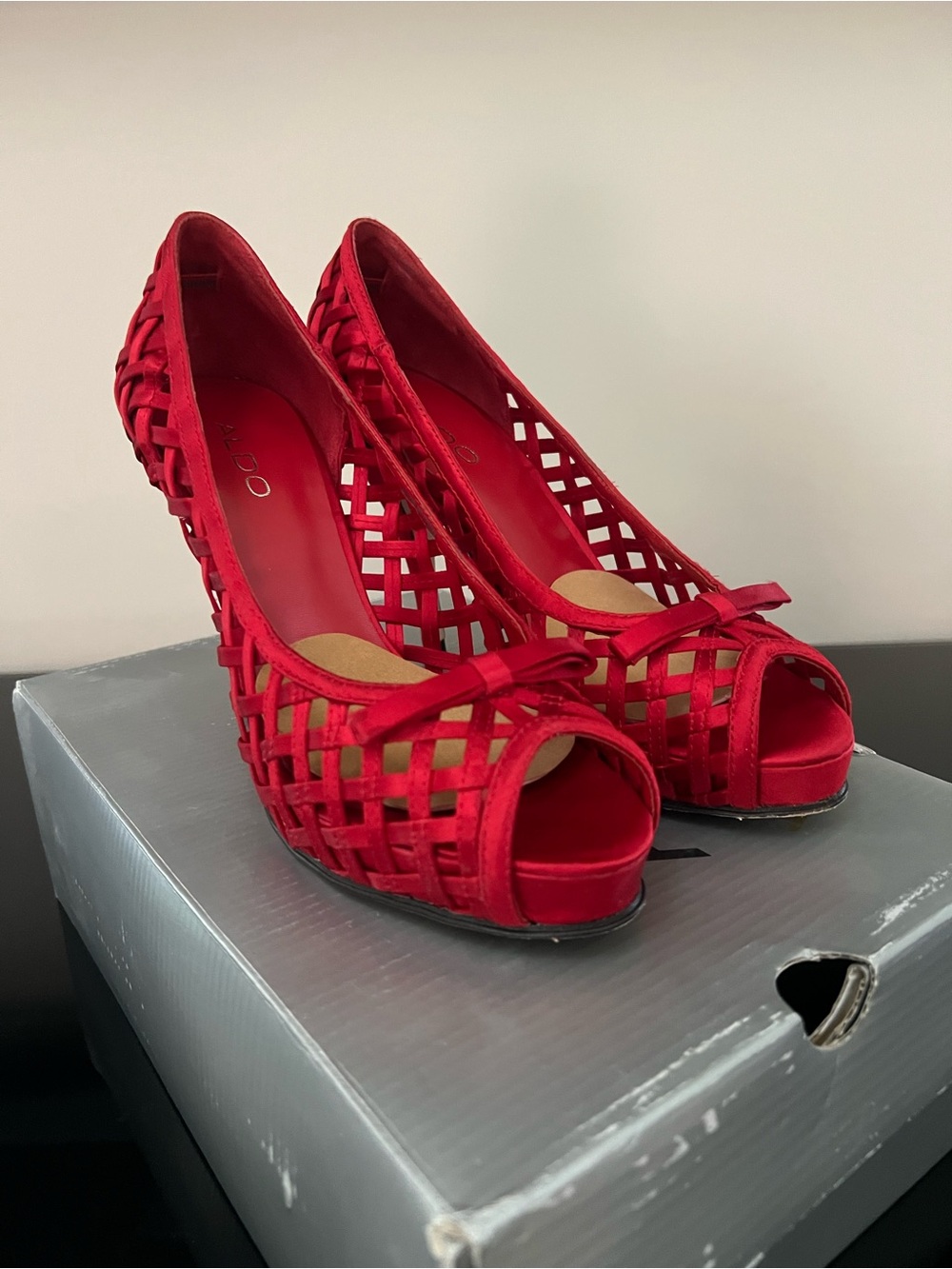 Aldo Red Woven Peep-Toe Heels with Bow Accent